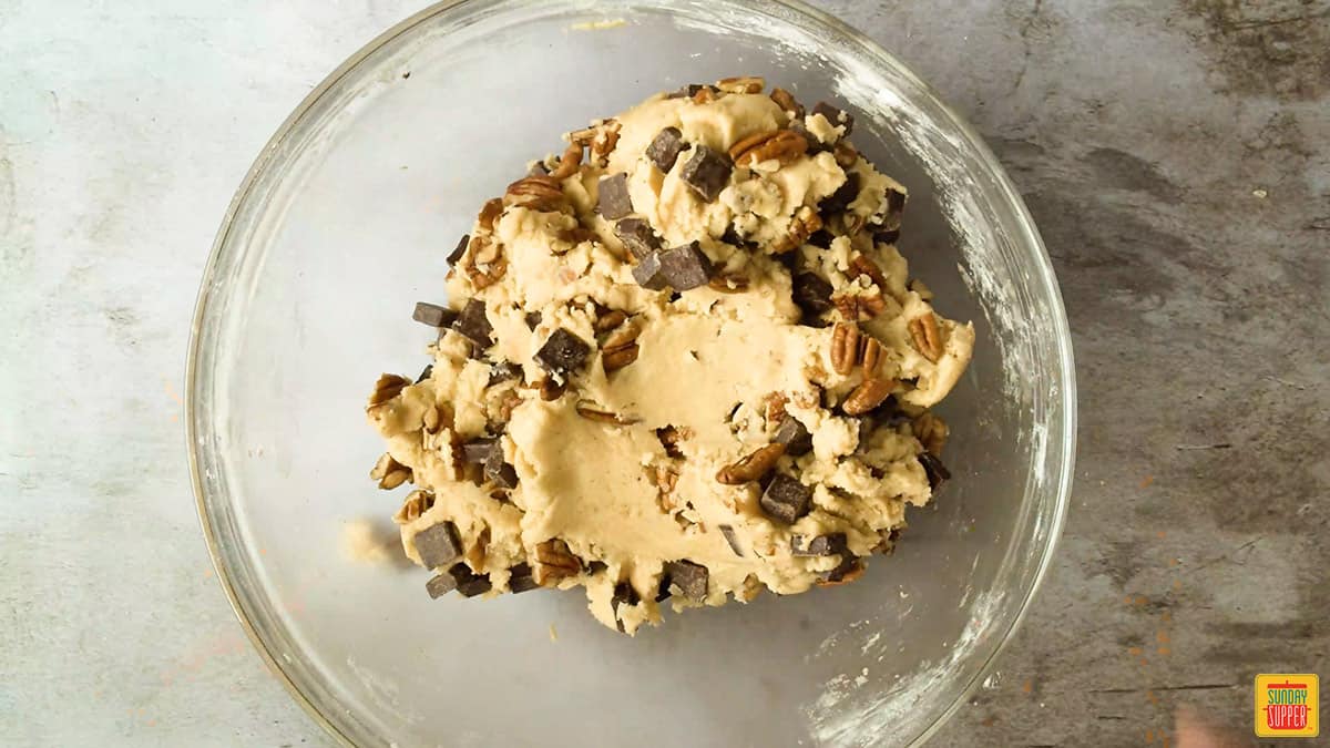 Levain cookies recipe dough in a glass bowl