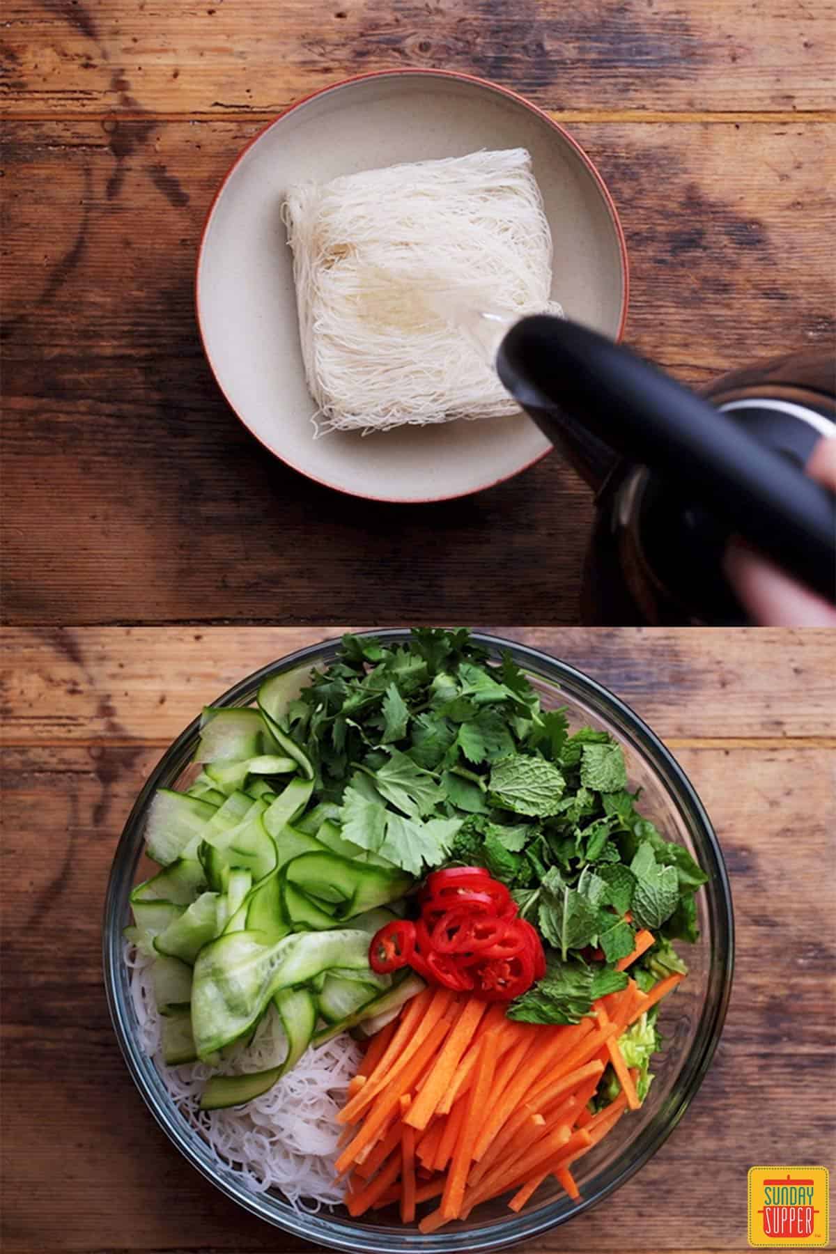 Soaking the rice noodles and preparing the salad greens