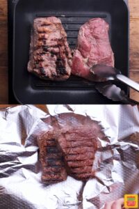 Grilling the steak and wrapping it in foil