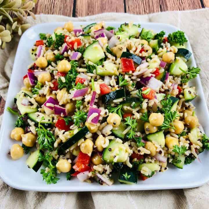 Close up of easy quinoa salad on a white square plate