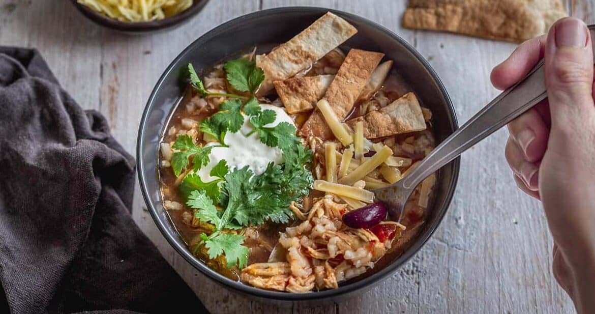 Completed bowl of Mexican Instant Pot chicken rice soup with tortilla strips