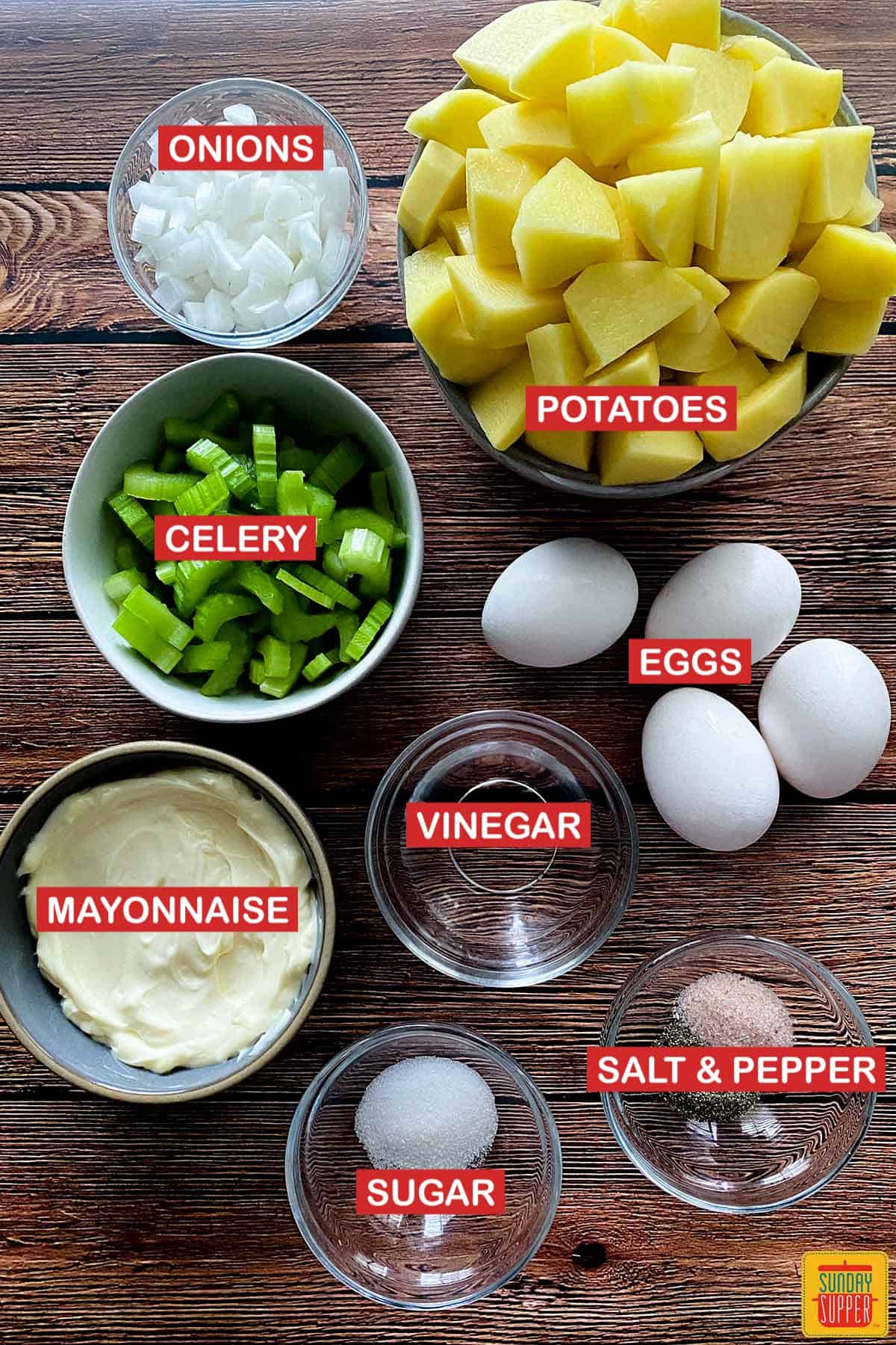 ingredients to make instant pot potato salad with labels