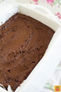 Brownie mix spread in baking dish