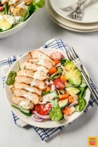 Grilled chicken salad in a bowl with a fork