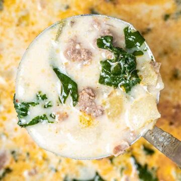 instant pot zuppa toscana in a ladle