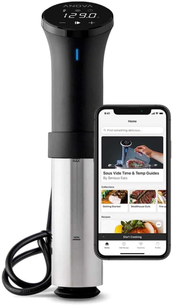 Anova sous vide with phone showing app