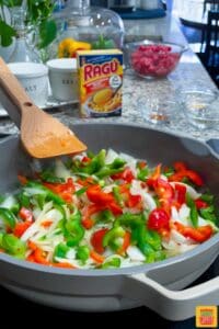 Peppers and onions in a pan