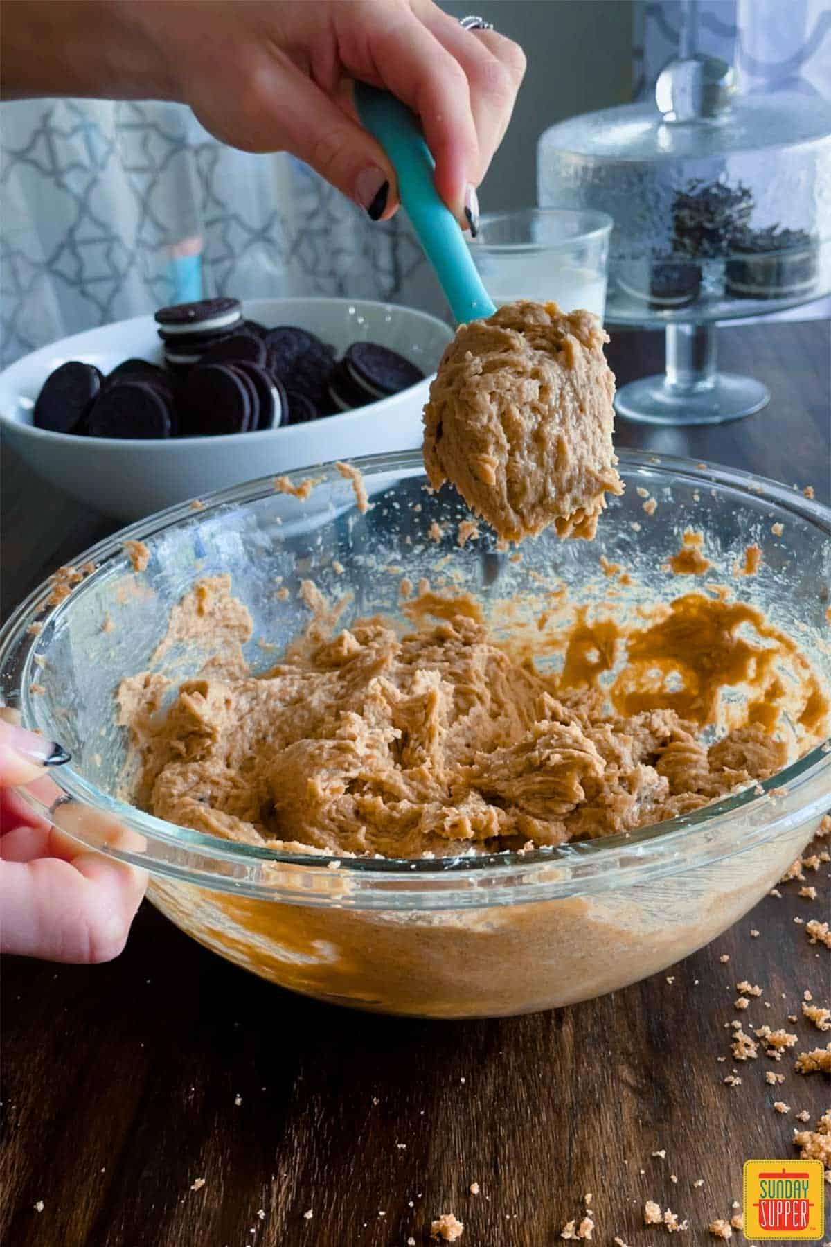 Crumbl cookie batter in bowl