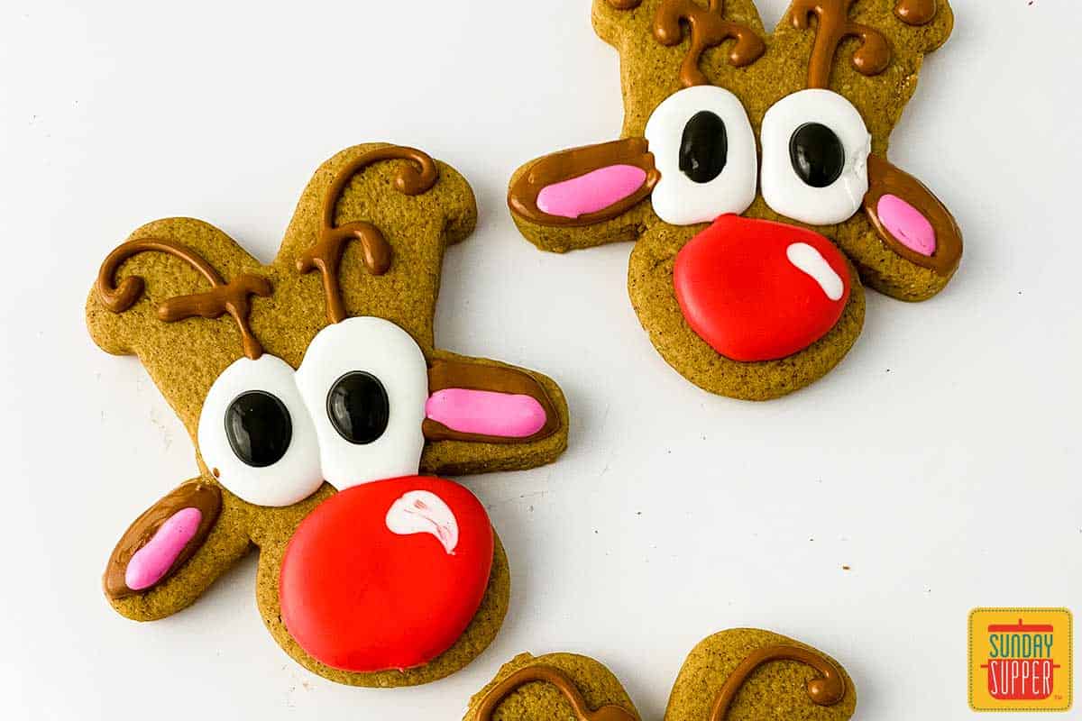 Decorated reindeer cookies up close
