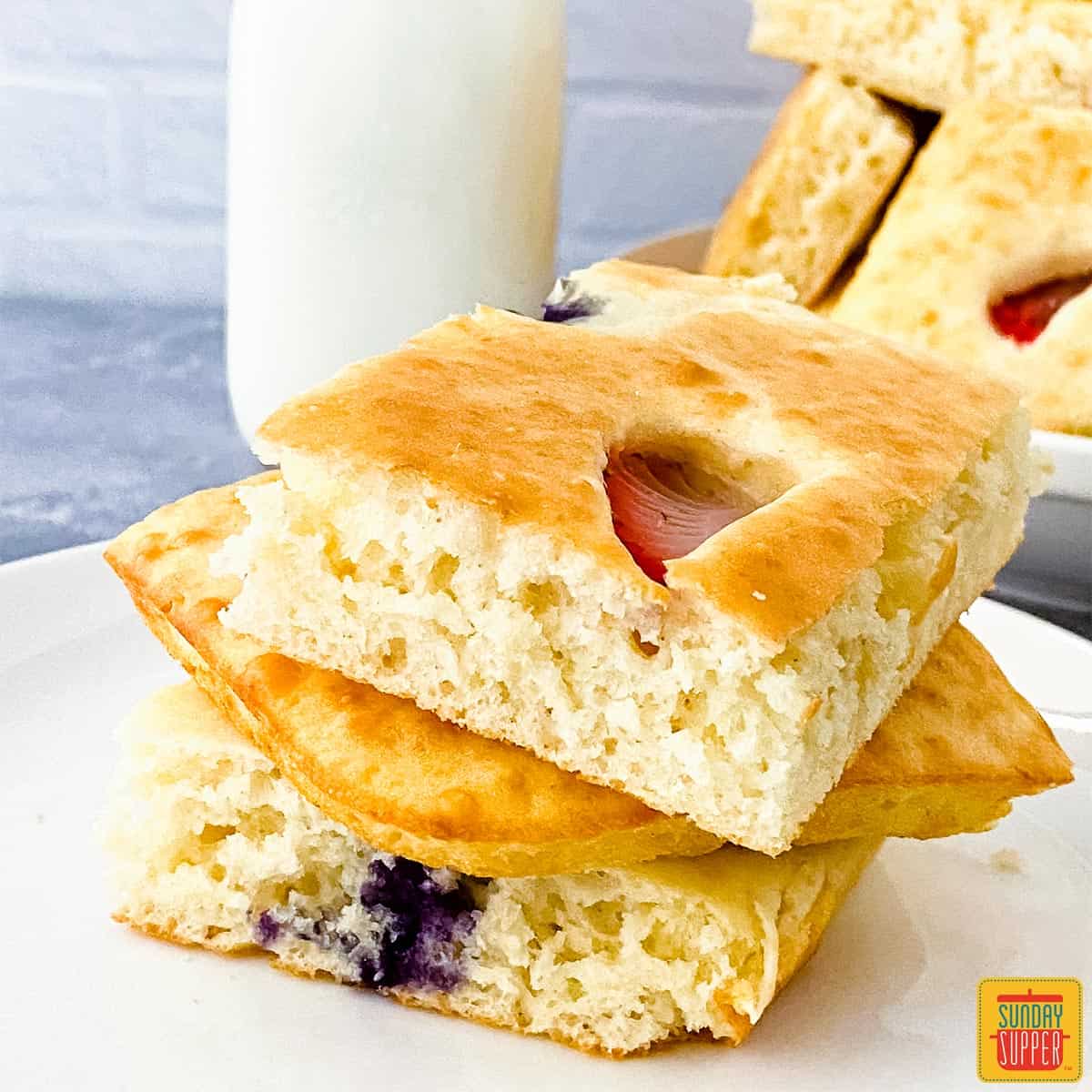 Sheet pan pancakes on a white plate