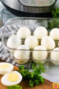 instant pot hard boiled eggs in an egg dish