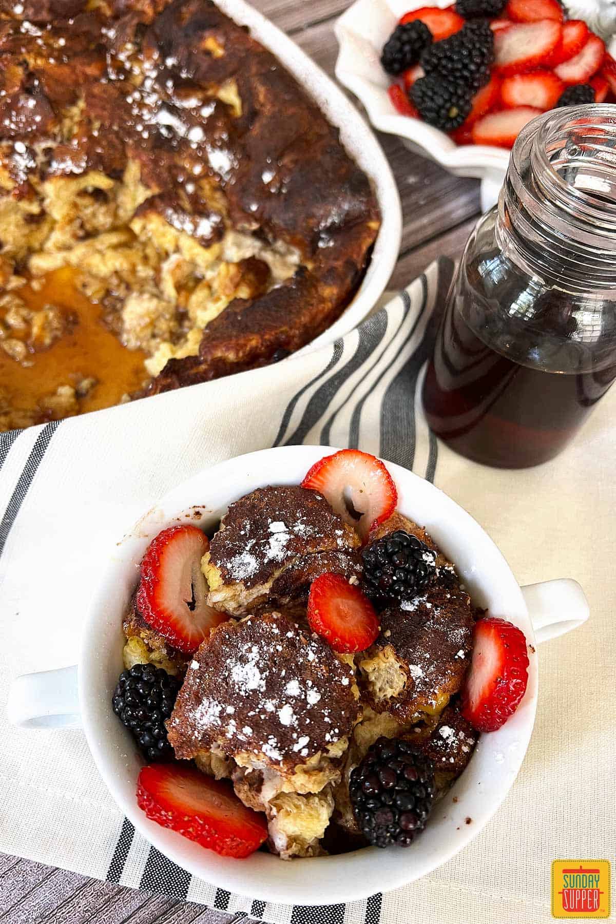 french toast casserole in a white bowl
