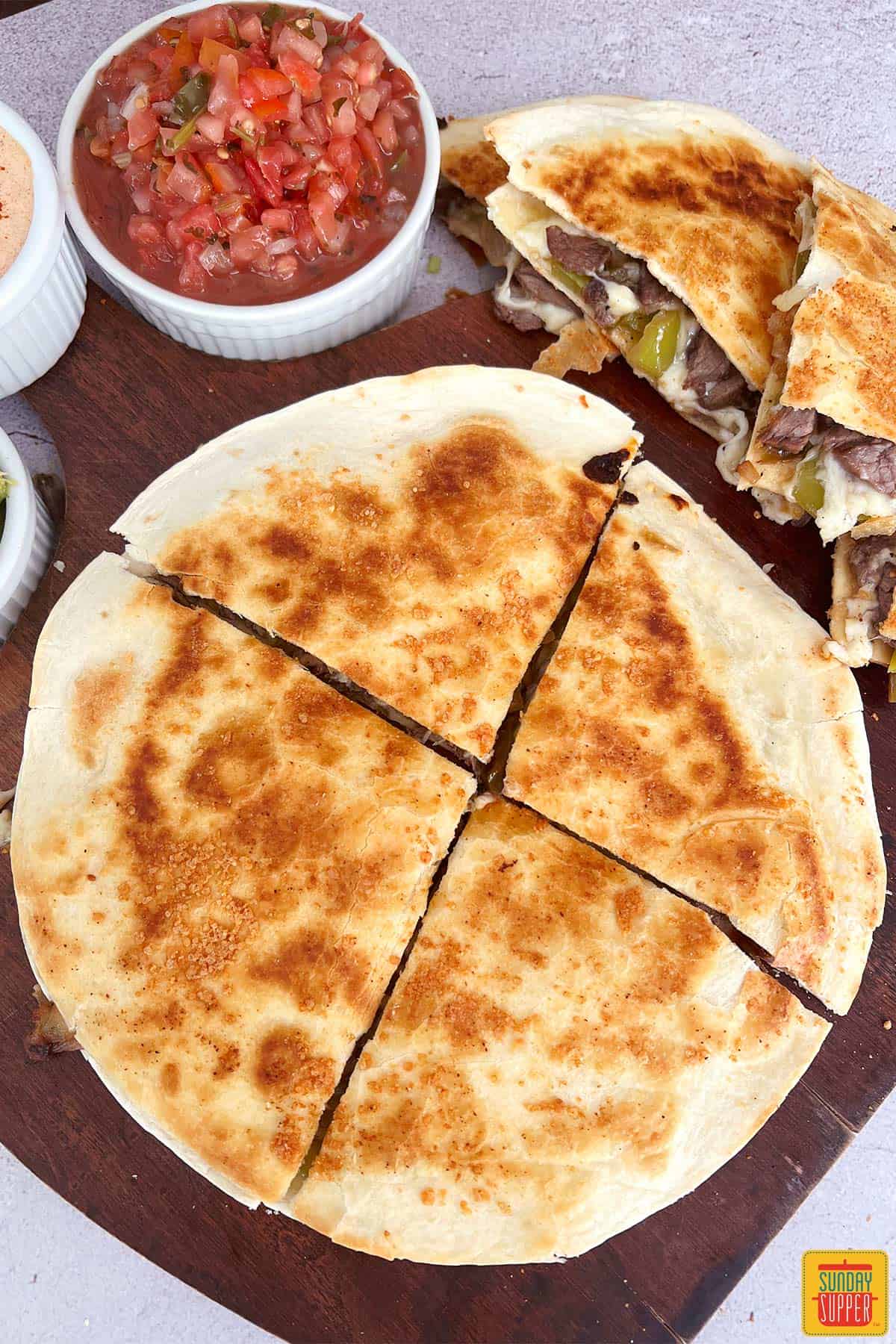 quesadilla sliced into fourths