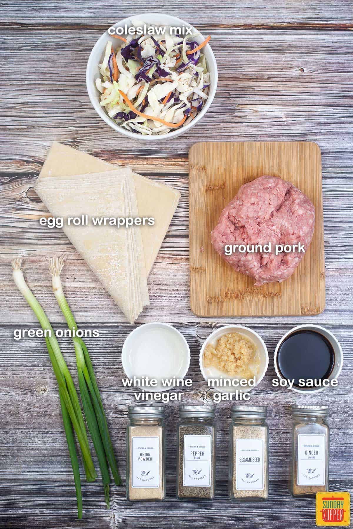 ingredients for air fryer egg rolls on a table