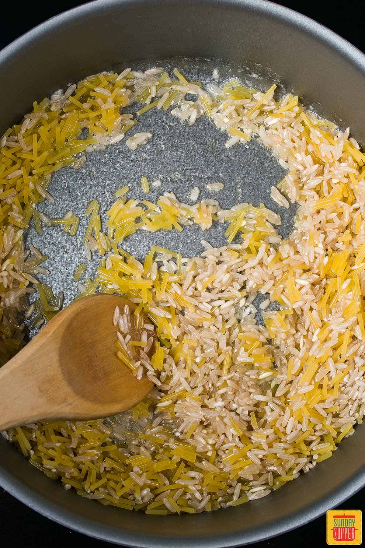 rice and noodles in a pot for rice-a-roni