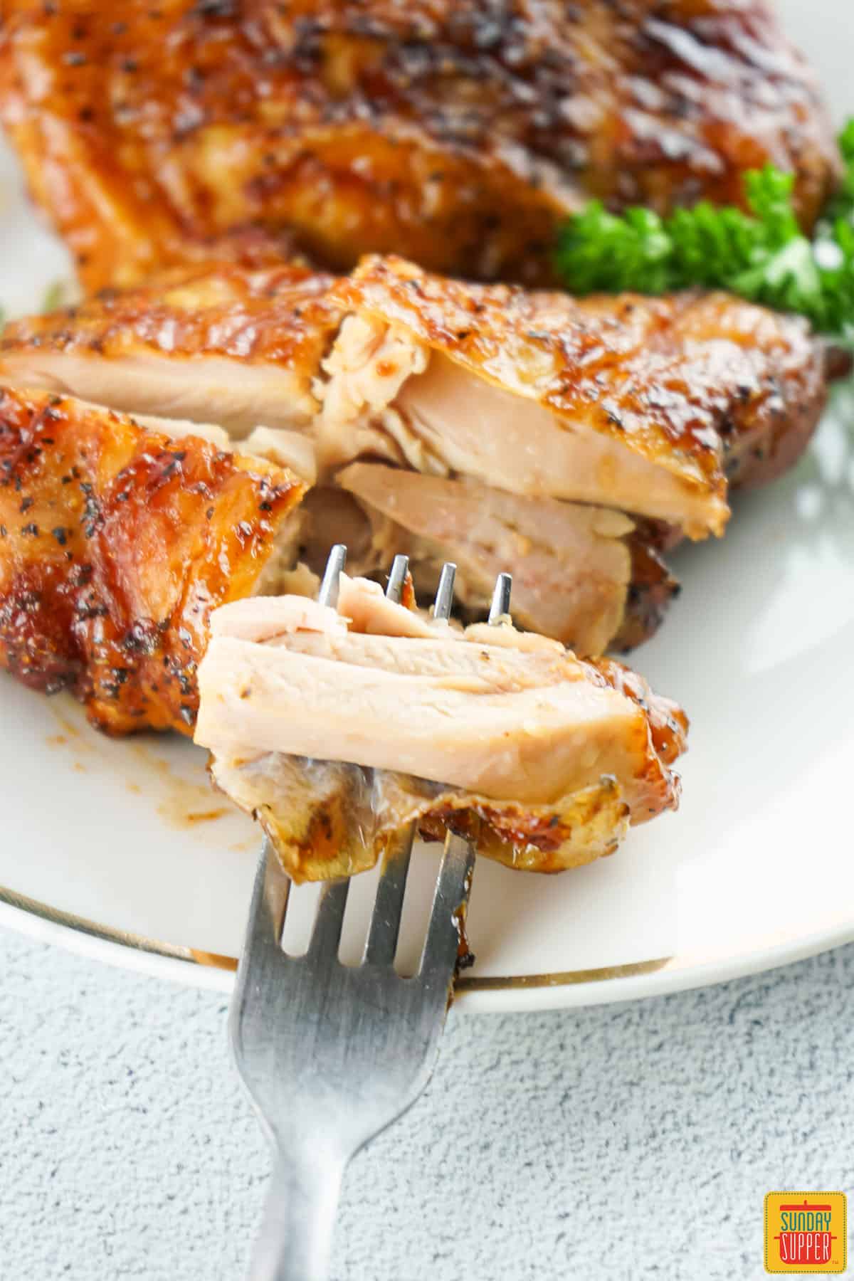 Fork with smoked chicken on a plate