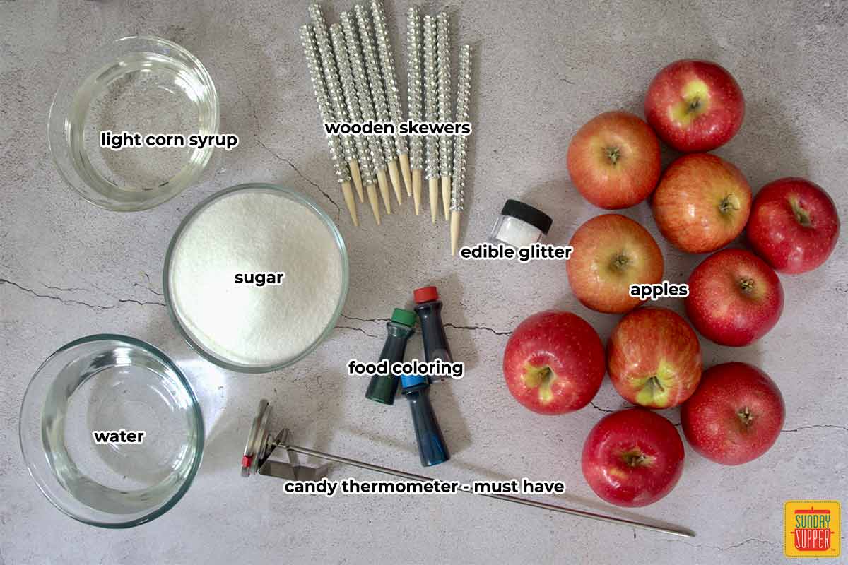 ingredients for candied apples with labels