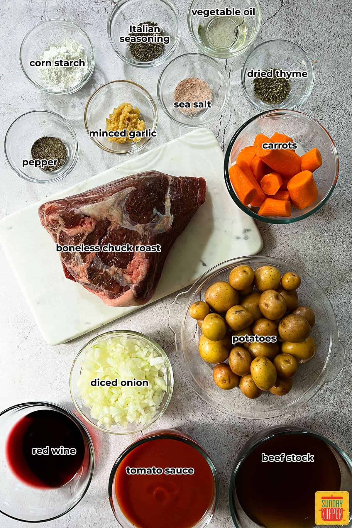 ingredients to make instant pot chuck roast labeled in bowls
