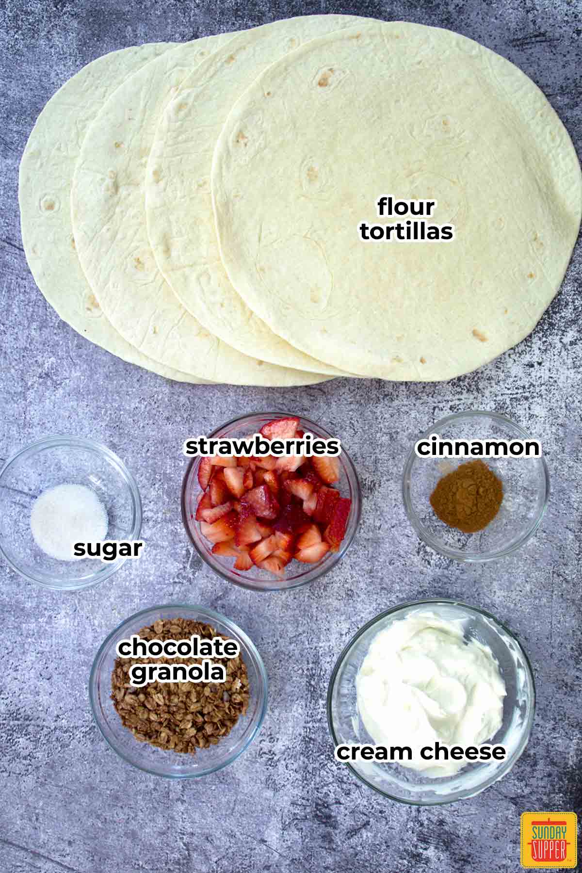 ingredients for strawberry cream cheese pinwheel sandwiches with labels
