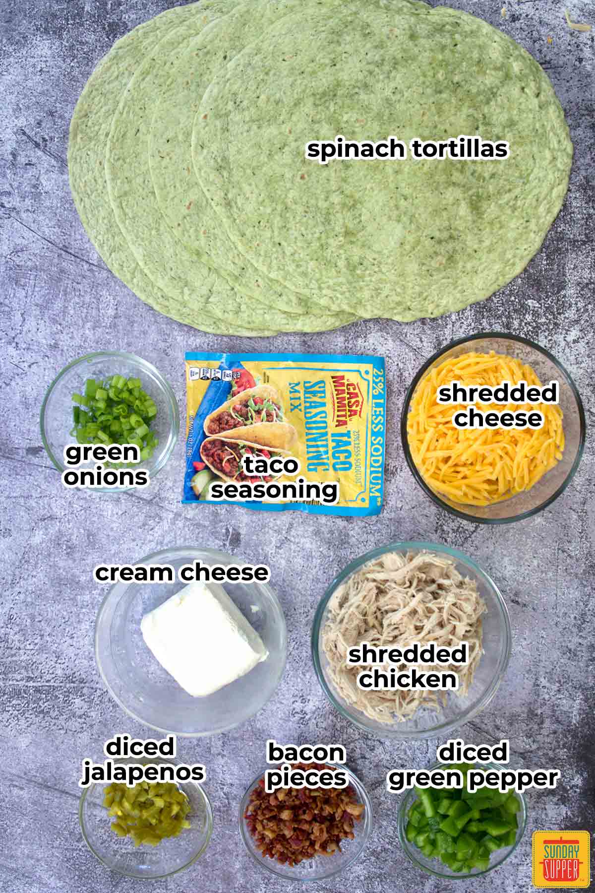ingredients for jalapeno popper pinwheel sandwiches with labels