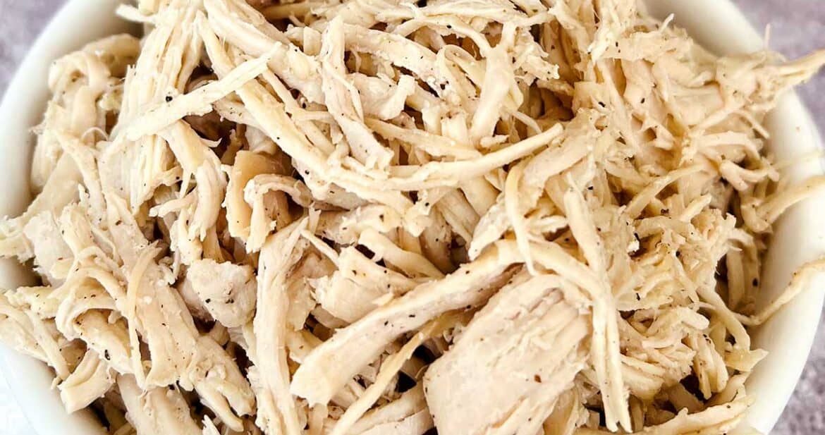 shredded chicken up close in white bowl