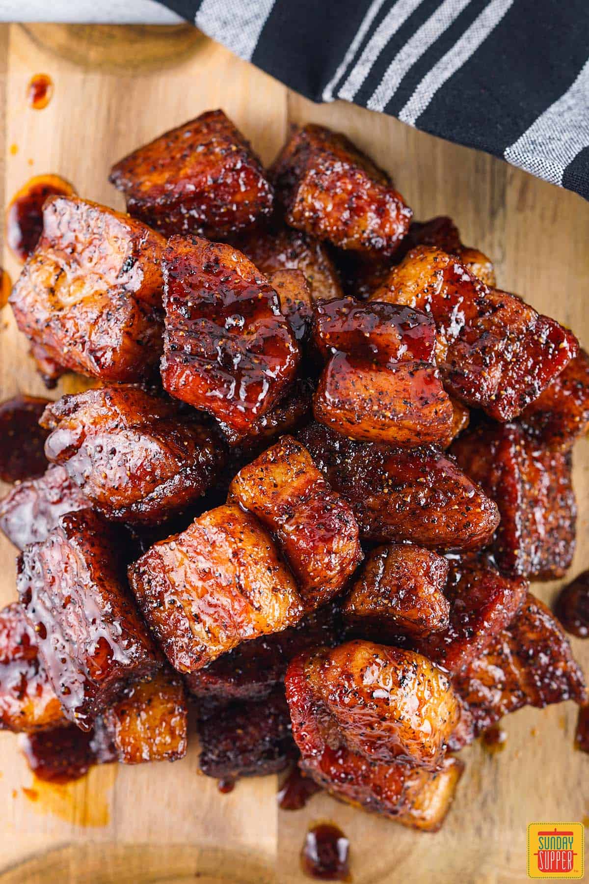 pile of smoked pork belly burnt ends ready to eat