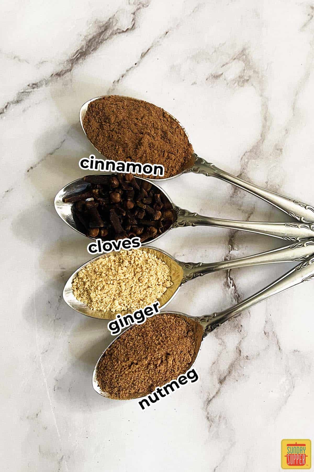 four spoons of pumpkin pie spice ingredients with labels