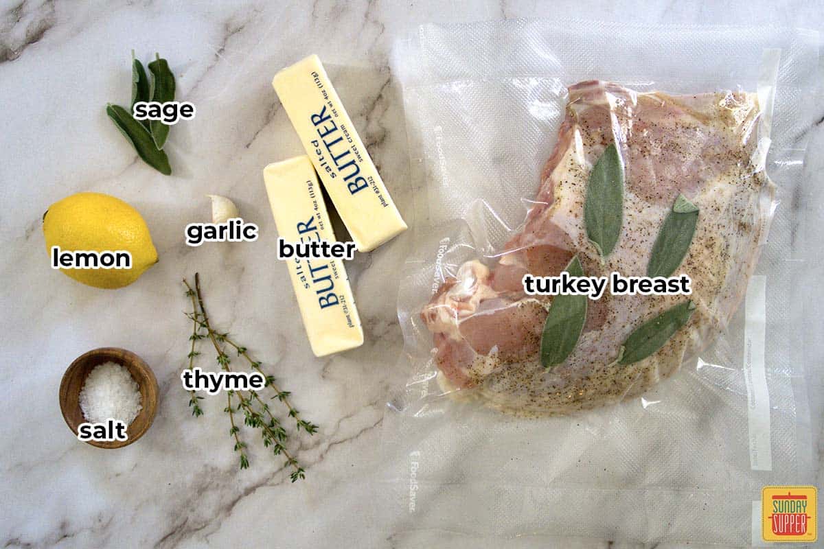 ingredients for sous vide turkey with text labels