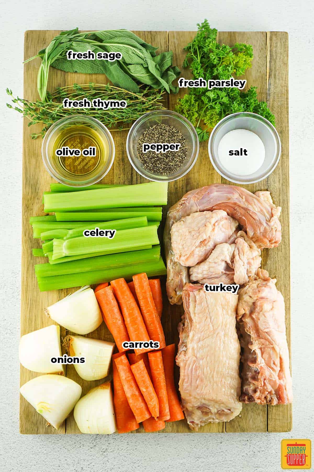 ingredients for turkey stock with labels on a cutting board
