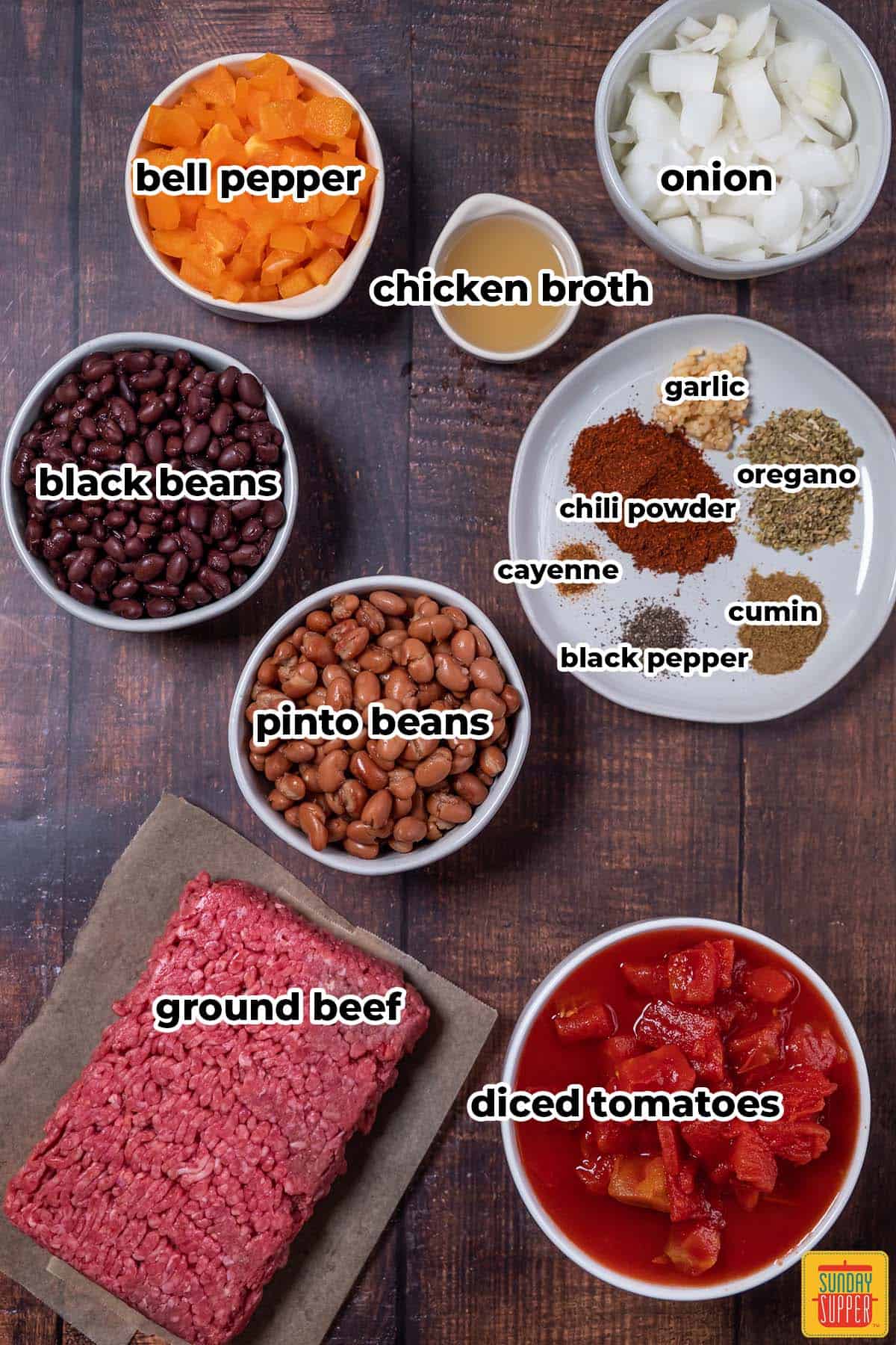 ingredients for beef chili with labels