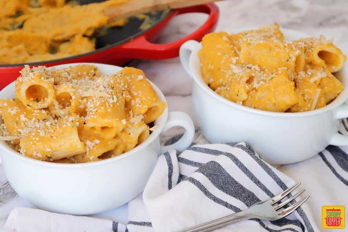 two bowls with butternut squash mac and cheese