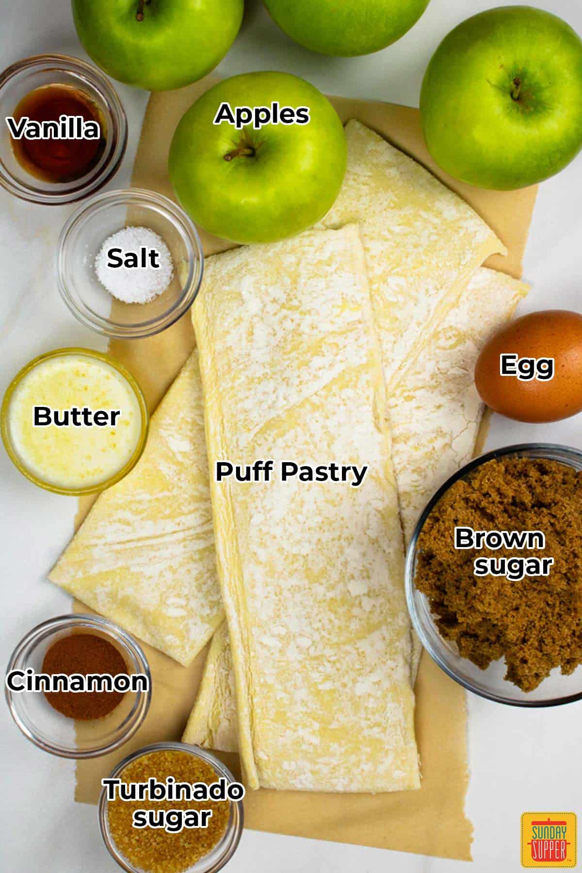 the ingredients for puff pastry separated out and labeled