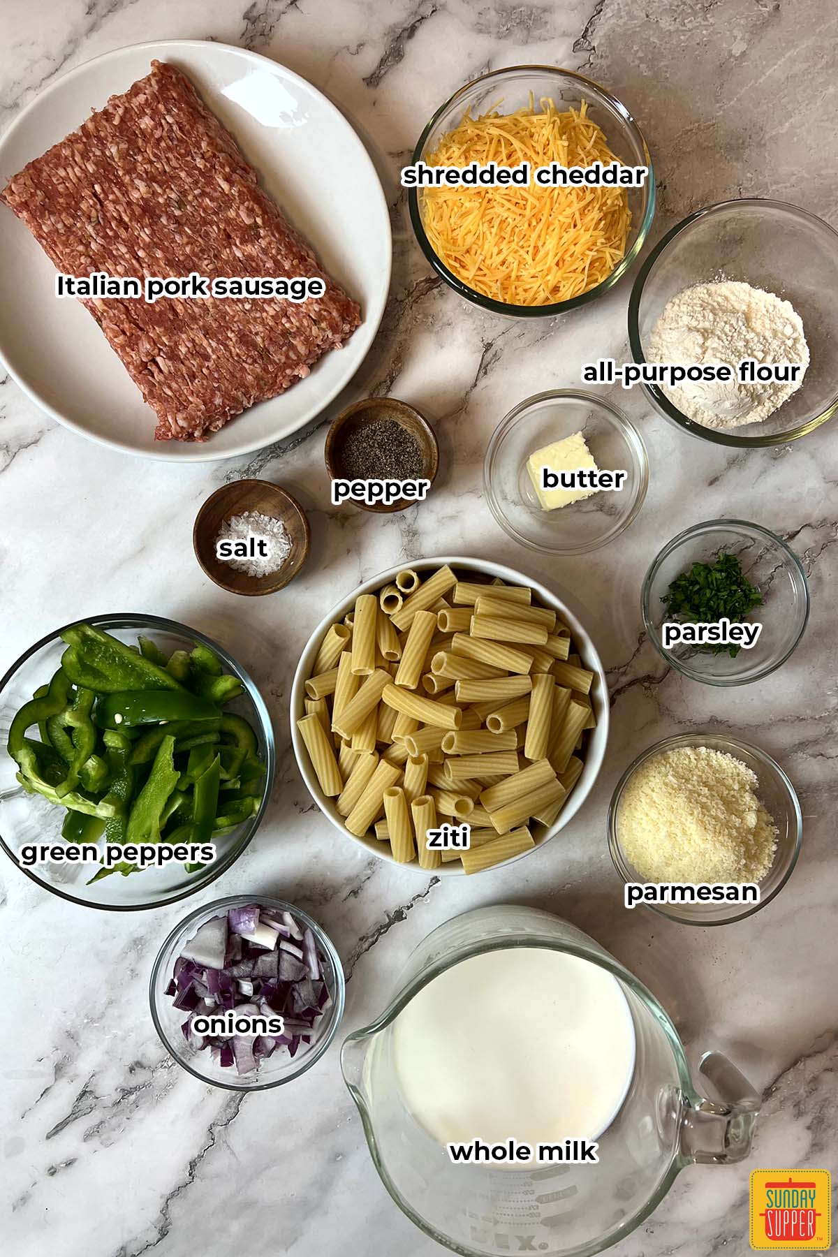 ingredients for baked ziti with labels