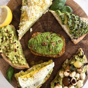 wooden board with avocado toast