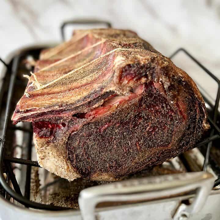 dry aged prime rib on a roasting rack