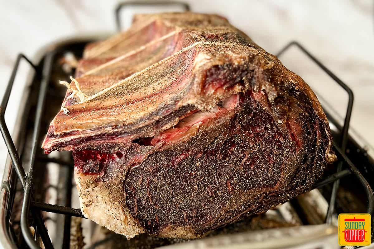 dry aged prime rib on a roasting rack