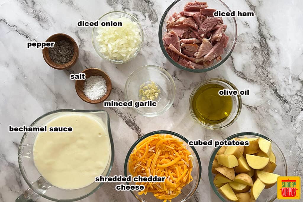 ingredients for ham and potato casserole with labels