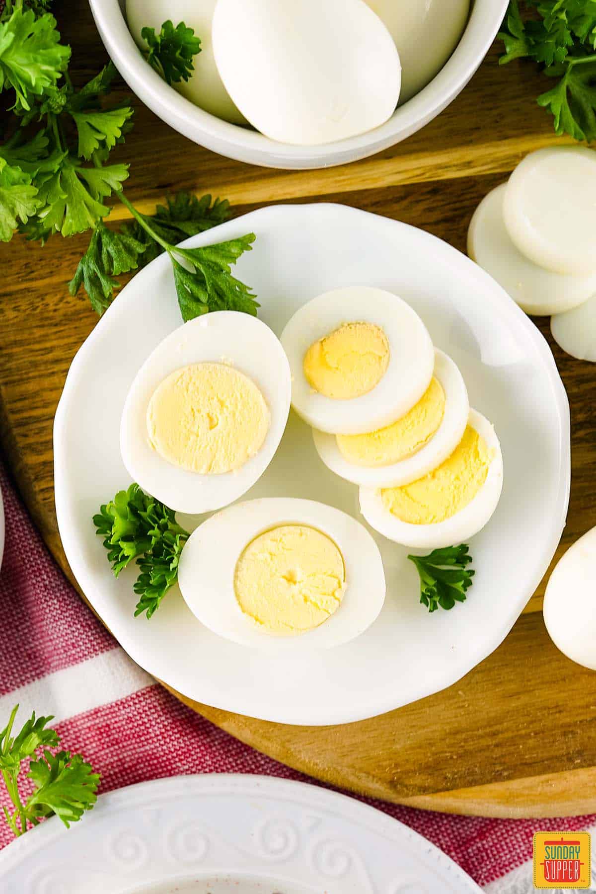 air fryer hard boiled eggs on a white plate