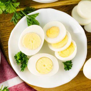 perfect hard boiled eggs on a plate after air frying