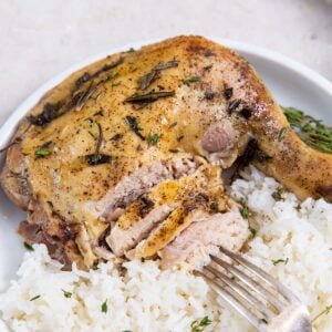 crockpot chicken leg quarters up close on a plate with rice