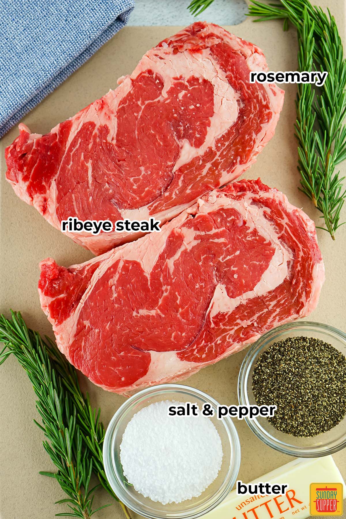 ingredients to make sous vide ribeye steak with labels