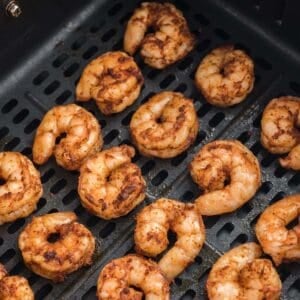 closeup of air fried shrimp in the air fryer