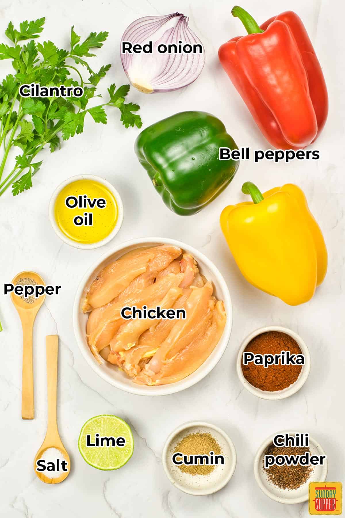 all of the ingredients for chicken fajitas with labels