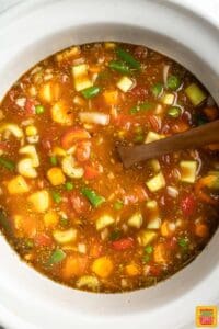 crockpot vegetable soup in the slow cooker after cooking
