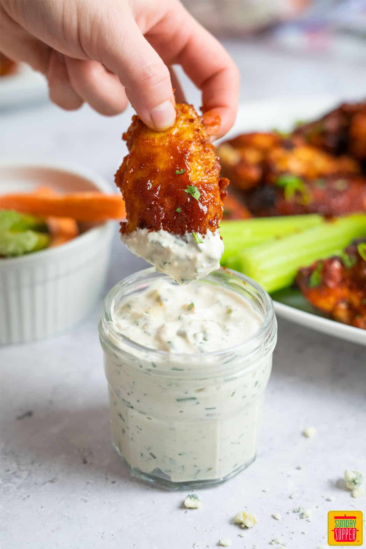 chicken wings inside blue cheese dressing