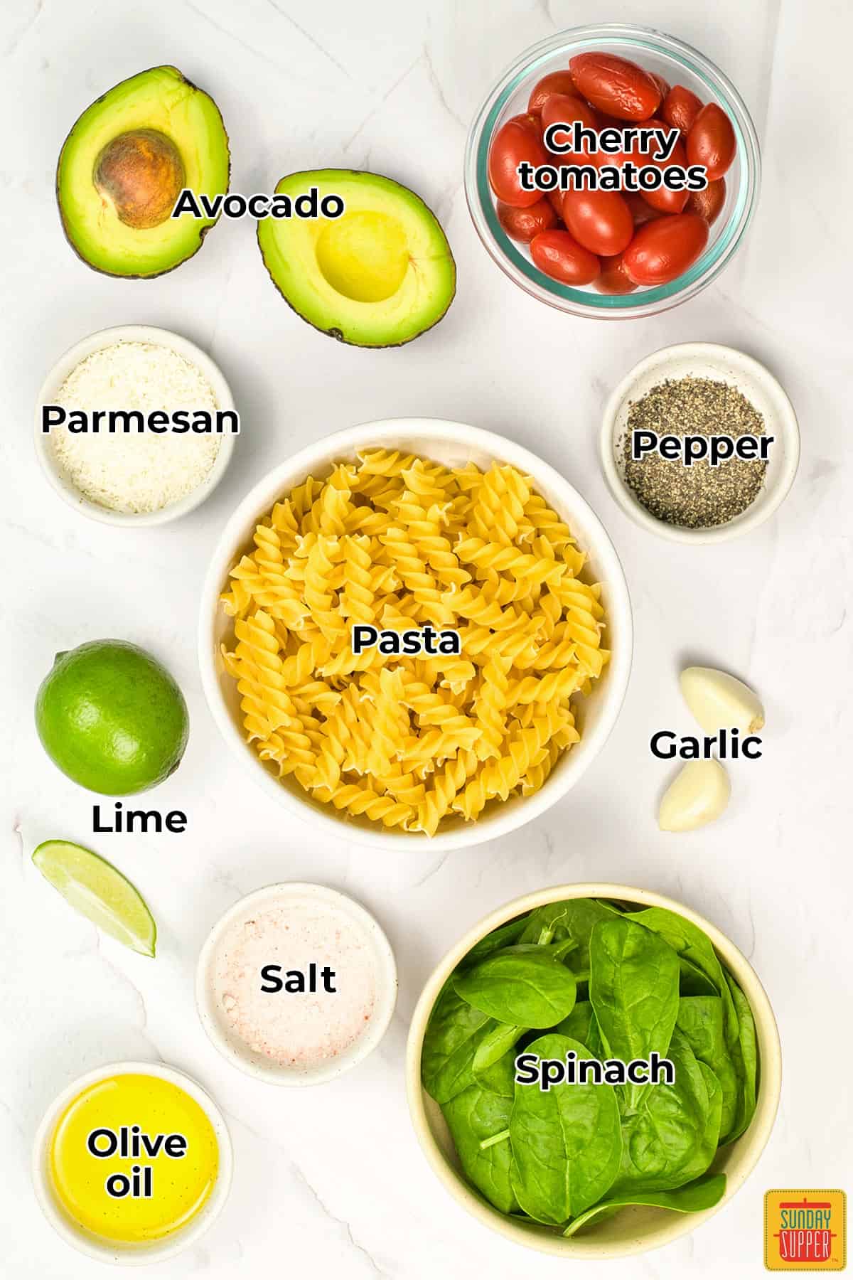 all the ingredients for avocado pasta with labels