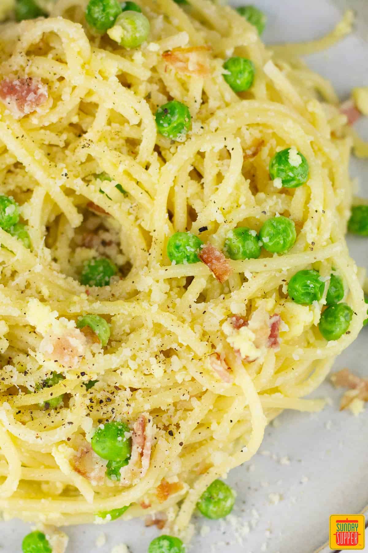 a top down view of a plate of pasta carbonara