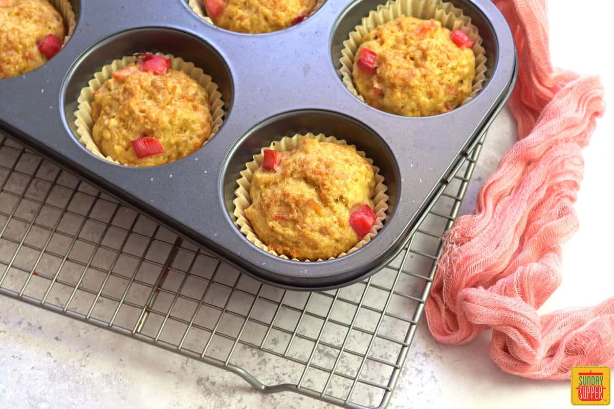 rhubarb muffins in a muffin tray