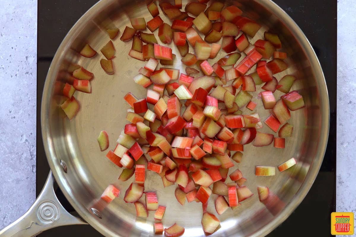 sliced rhubarb in a saucepan