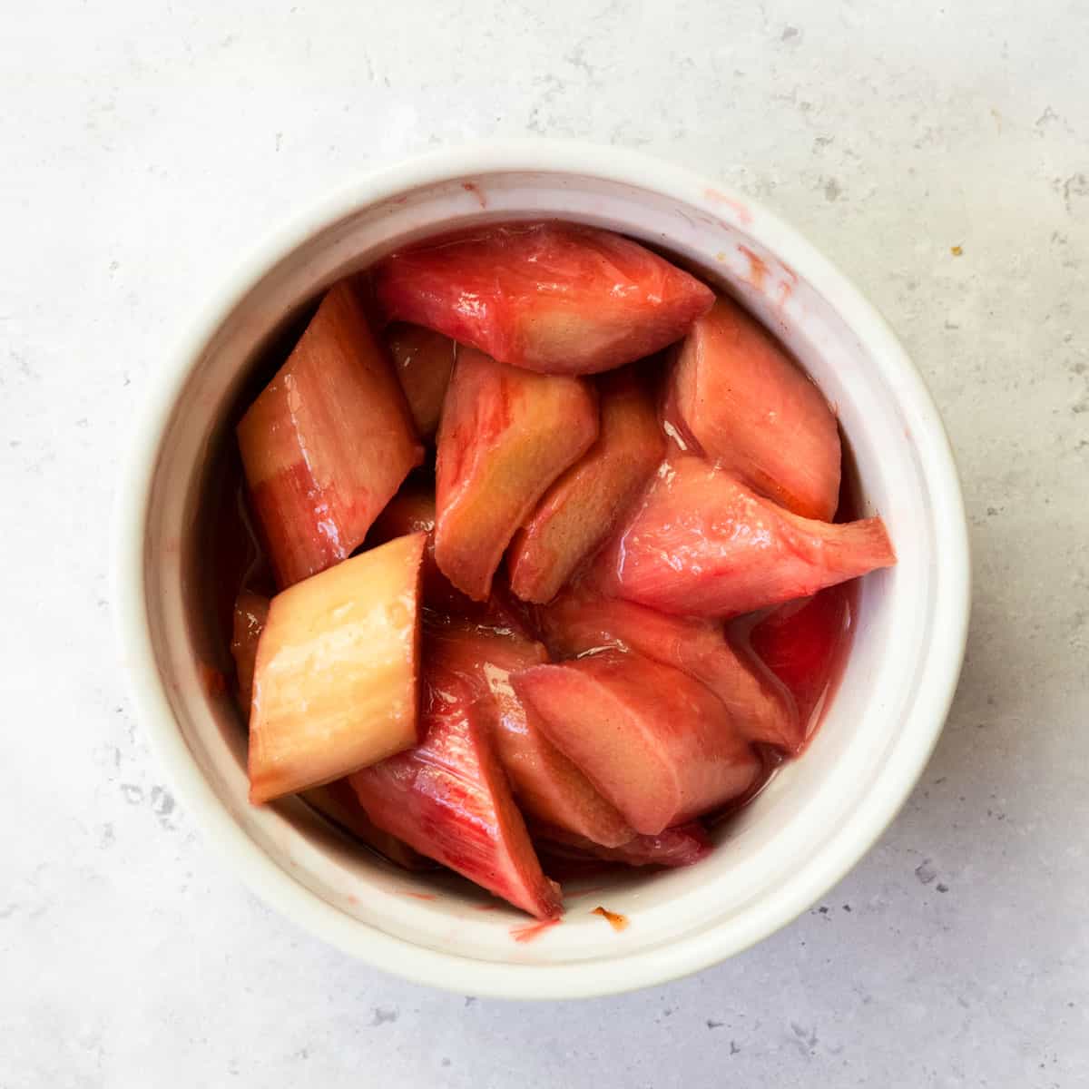 stewed rhubarb in a white dish